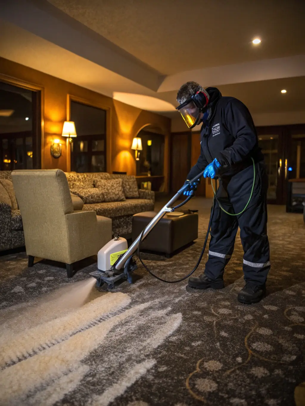 A worker in protective gear carefully cleaning a carpet with specialized equipment, emphasizing the advanced techniques used for specialized cleaning.
