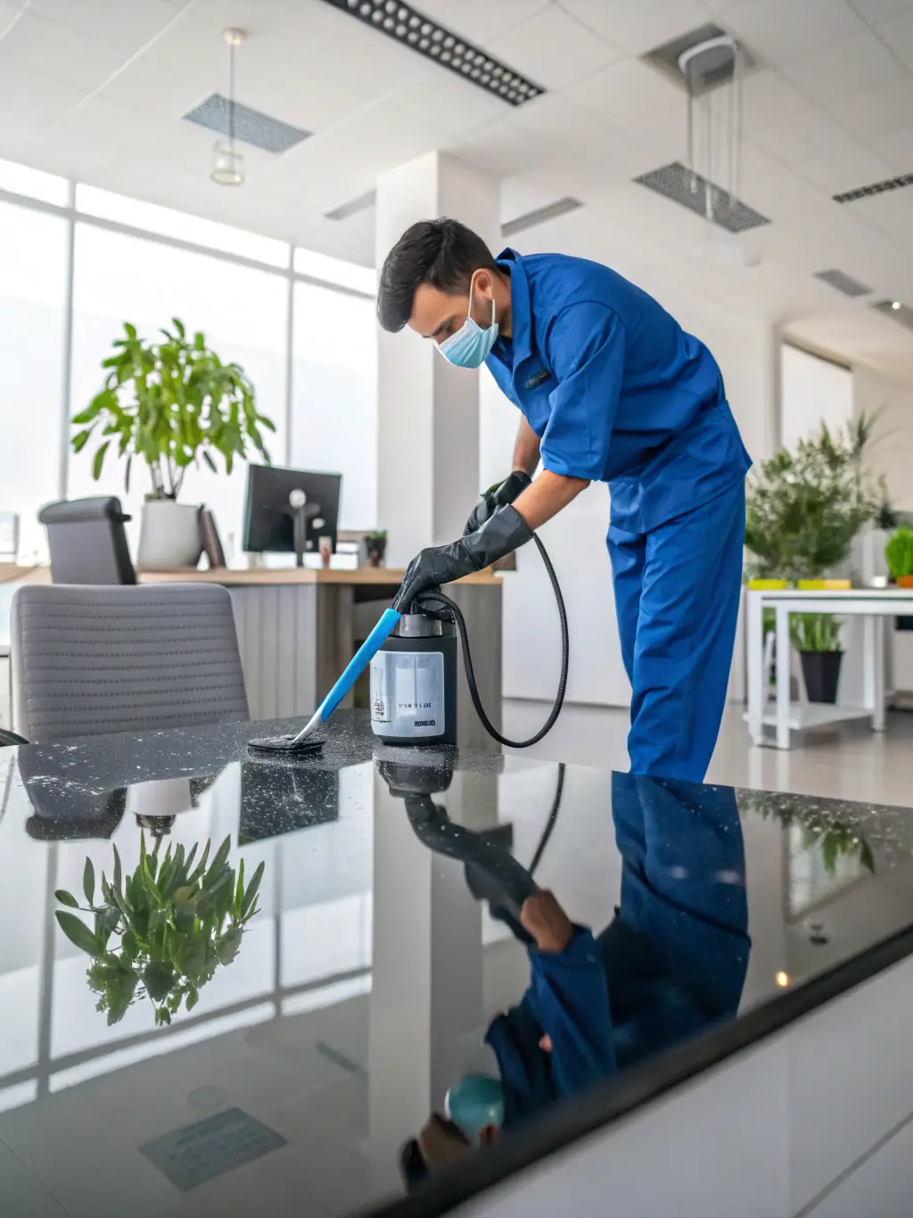 A team of cleaners sanitizing an office space with modern equipment, ensuring a clean and professional environment.
