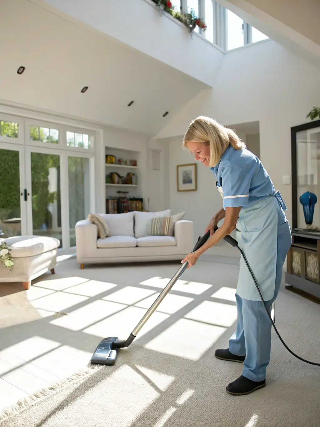 A friendly cleaner vacuuming and dusting a modern living room, creating a welcoming and healthy home environment.