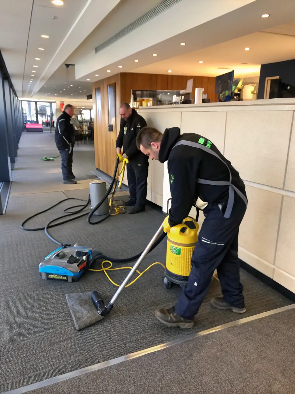 Technicians performing deep carpet cleaning with industrial equipment, removing deep-seated dirt and allergens.