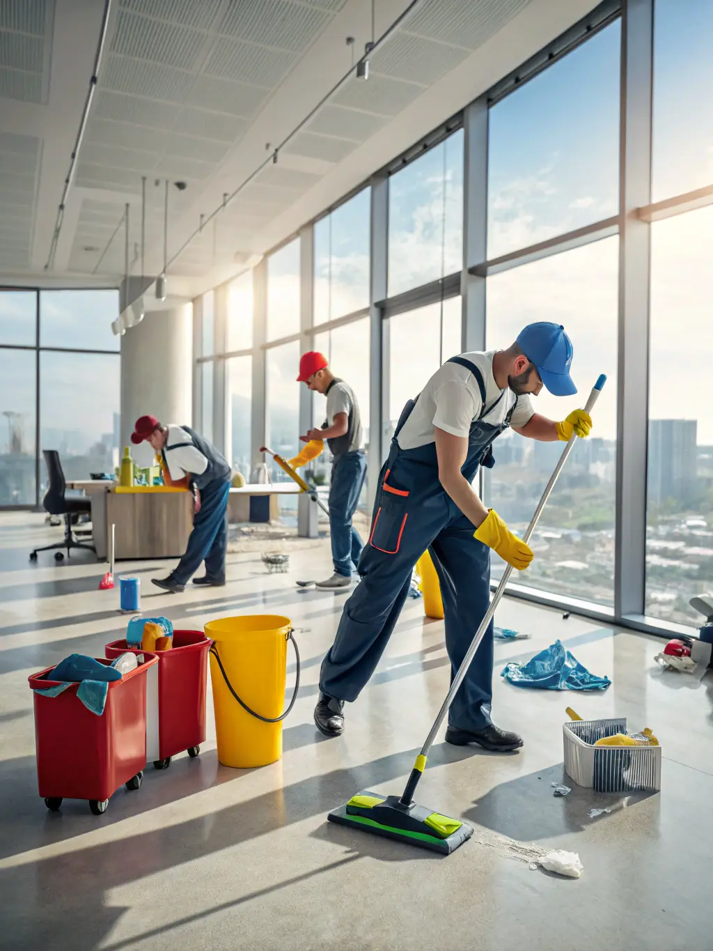 A modern office space being cleaned by a team, highlighting a professional and productive work environment.