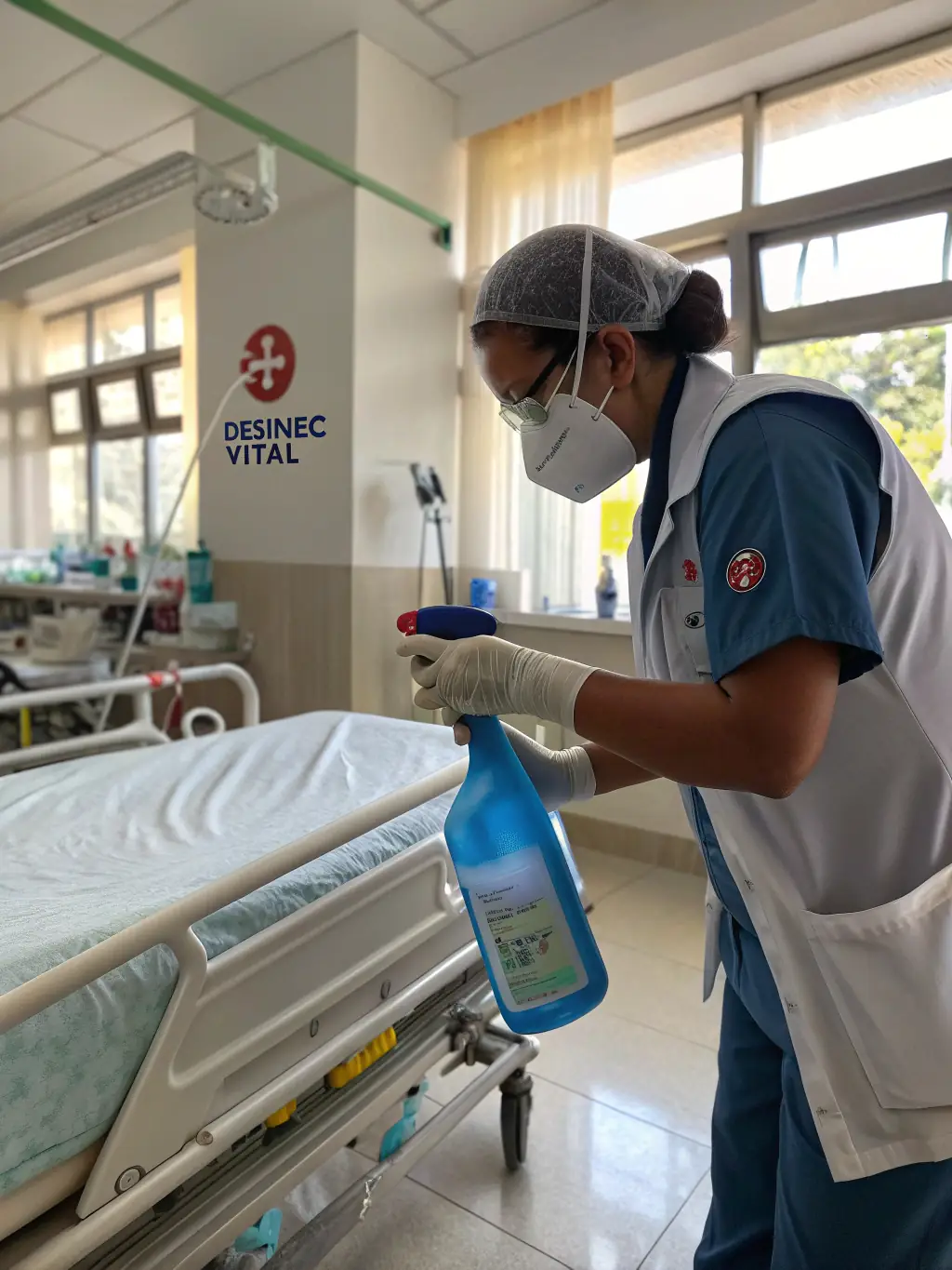 A brightly lit, sterile hospital room being cleaned by a professional wearing protective gear, emphasizing hygiene and safety.